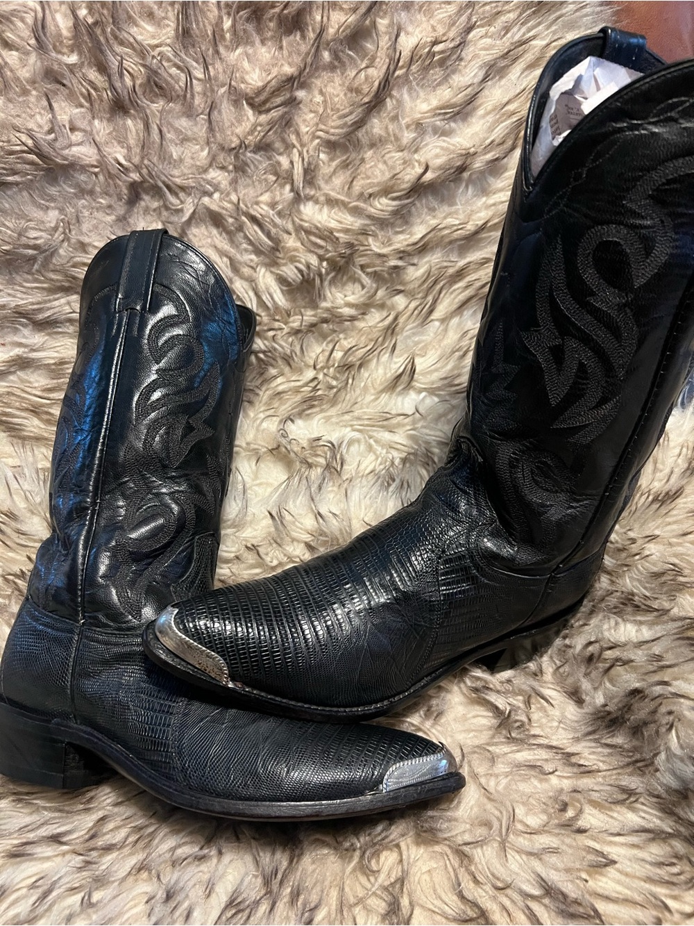 Dan Post Men Lizard & Leather Black Western  Boots with Silver Toe Caps Sz 9 D